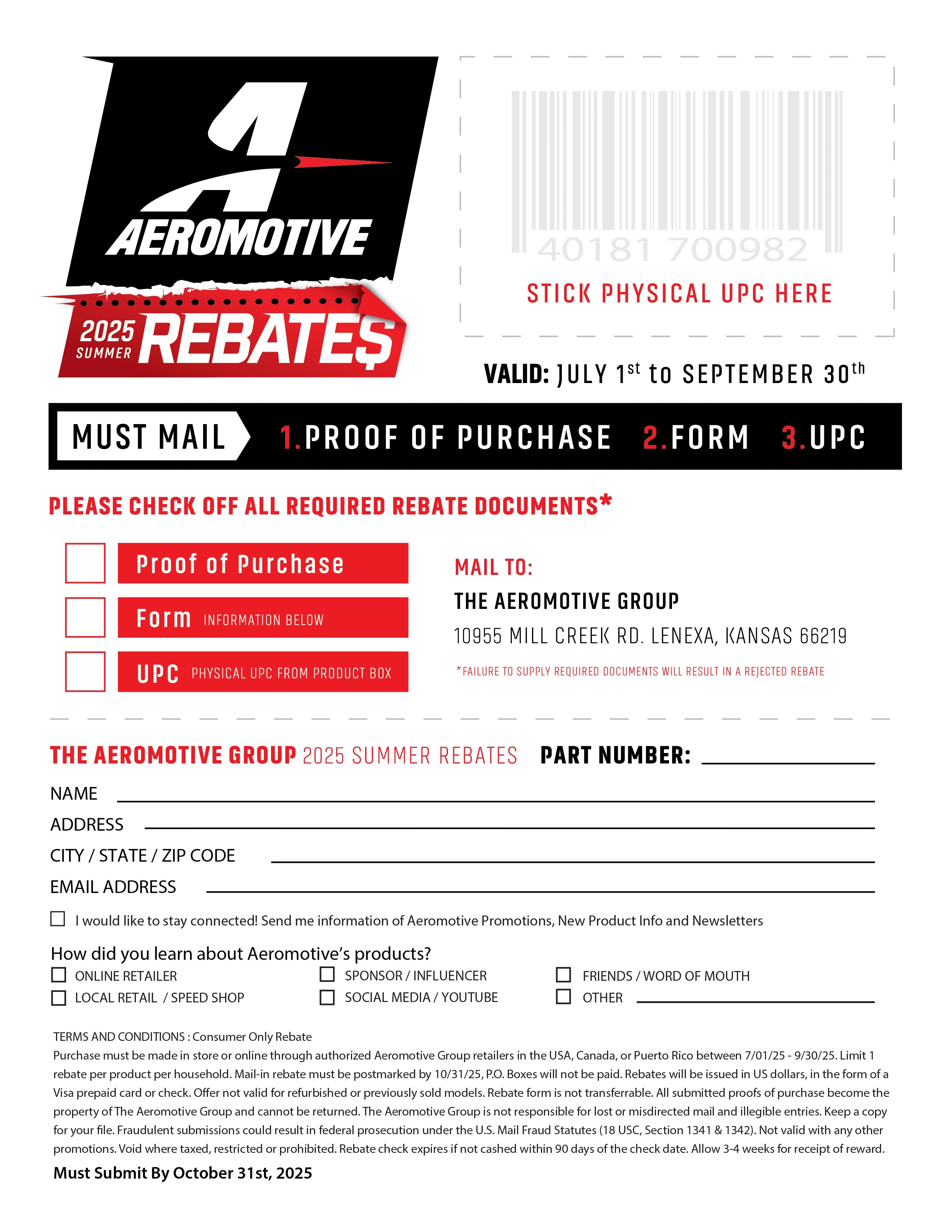 Aeromotive Mail-In Rebate Form